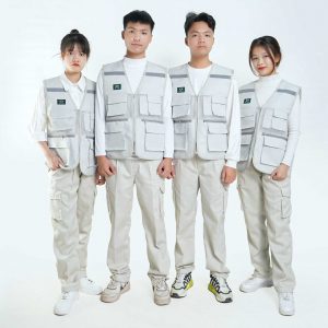 Áo Gile Phản Quang 6 Túi Màu Ghi Sữa